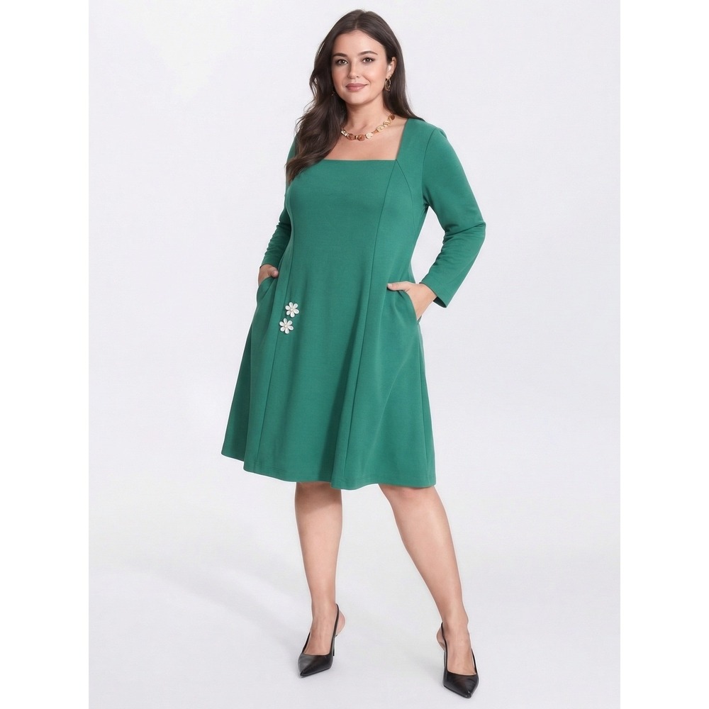 Alexia Admor Green Square Neck Fit & Flare Floral Applique Dress 2X D3692PLS